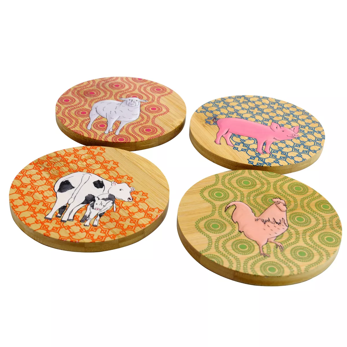 Gibson Urban Market 4 Piece Bamboo Coaster Set with Decorative Farm Animals