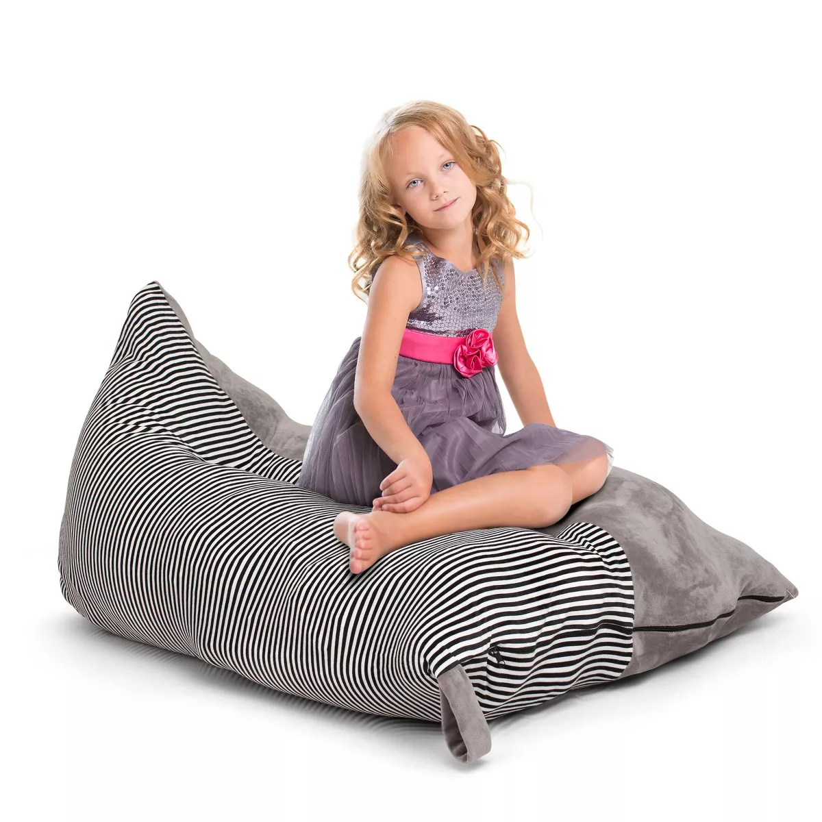 Stuffed Animal Storage Bean Bag Chair Cover - Extra Large Soft Velvet Plush Toy Organizer for Kids, Teens and Adults (No Filler), Grey Stripe