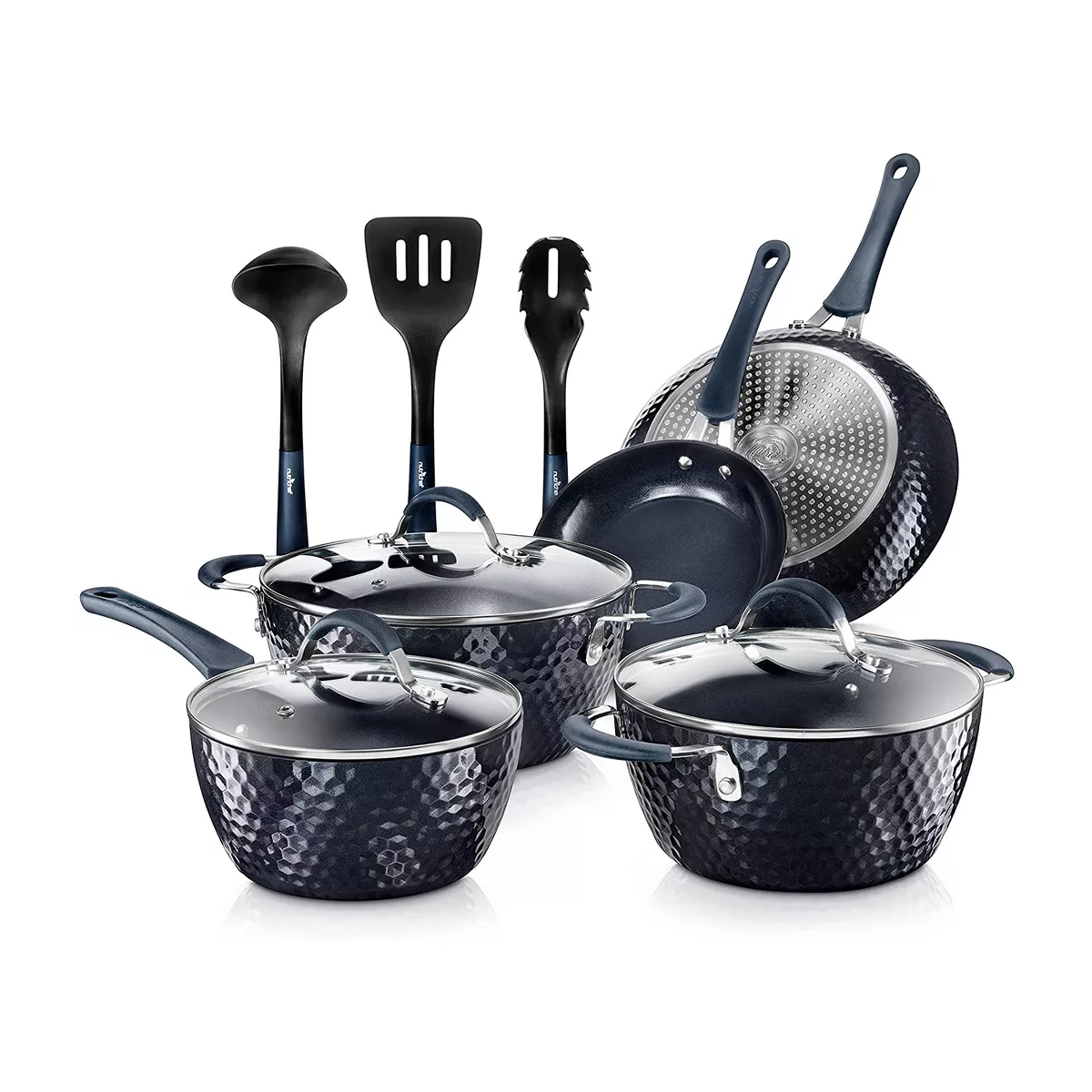 NutriChef Nonstick Ceramic Cooking Kitchen Cookware Pots and Pan Set with Lids and Utensils, 11 Piece Set, Blue Diamond (2 Pack)