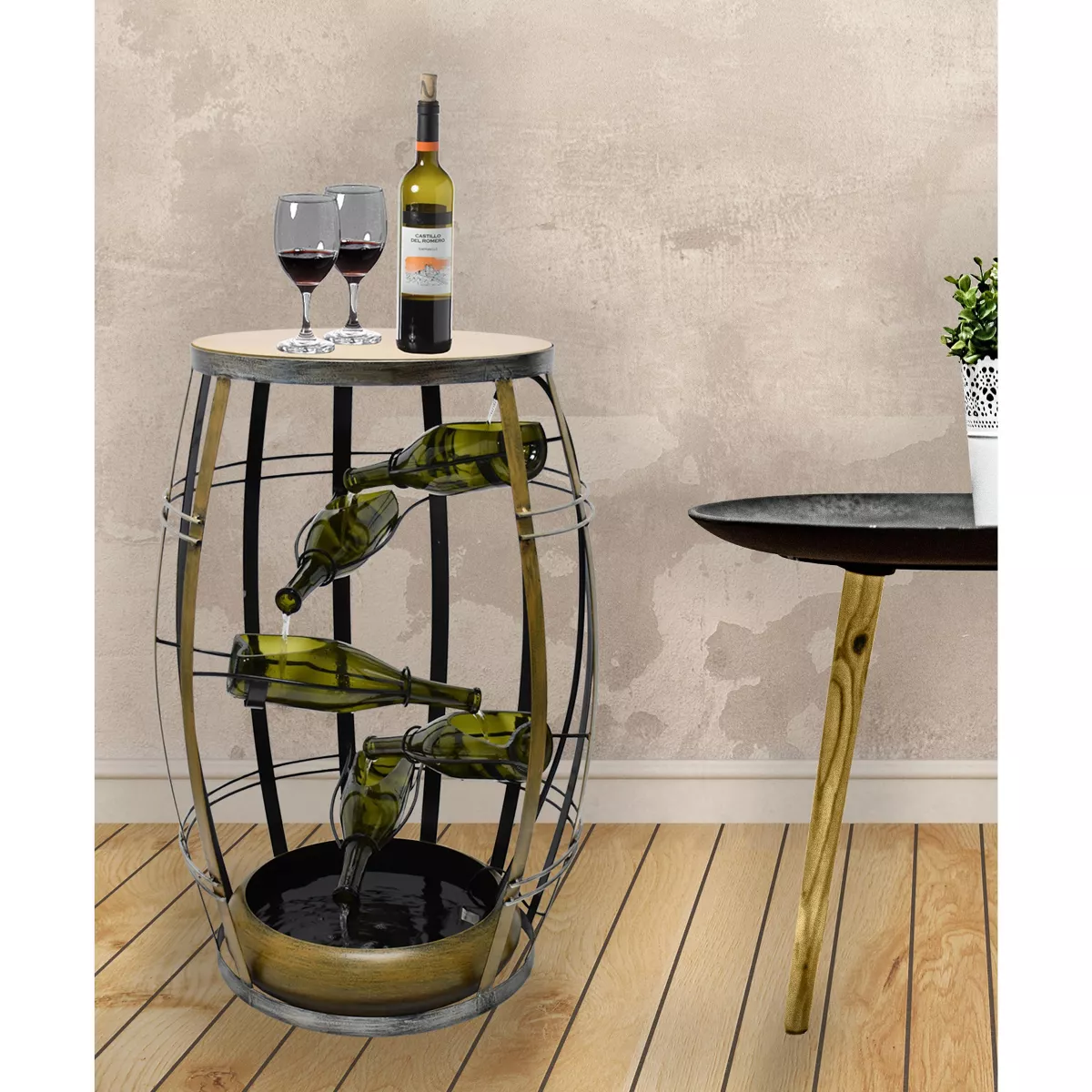 Vintiquewise Vintage Metal Barrel Design Cascading Waterfall Floor Water Fountain with Tiering Wine Bottles Yard Art Decor