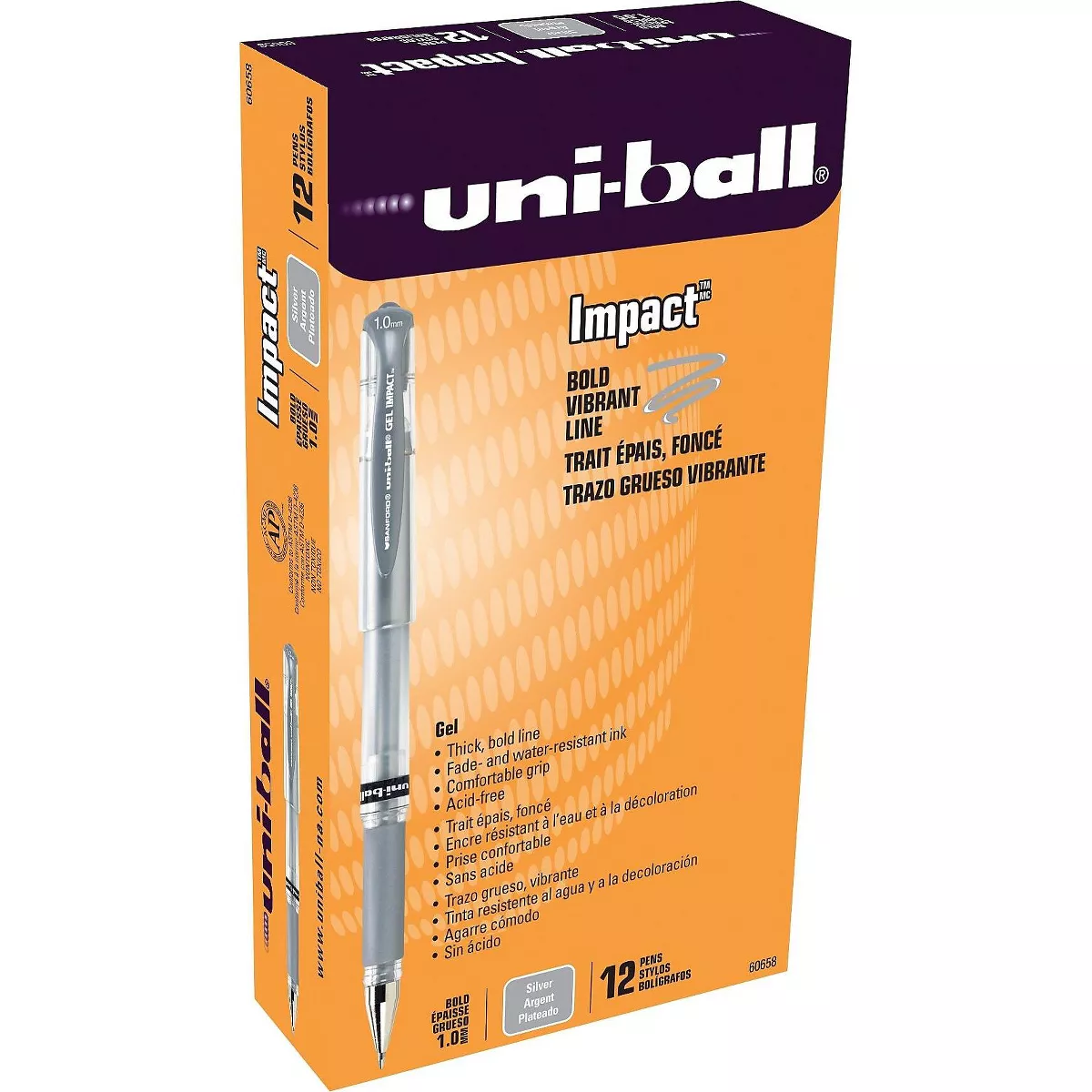 uni-ball Uniball Gel Impact Roller Ball Capped Gel Pen Silver Metallic Ink Medium 60658