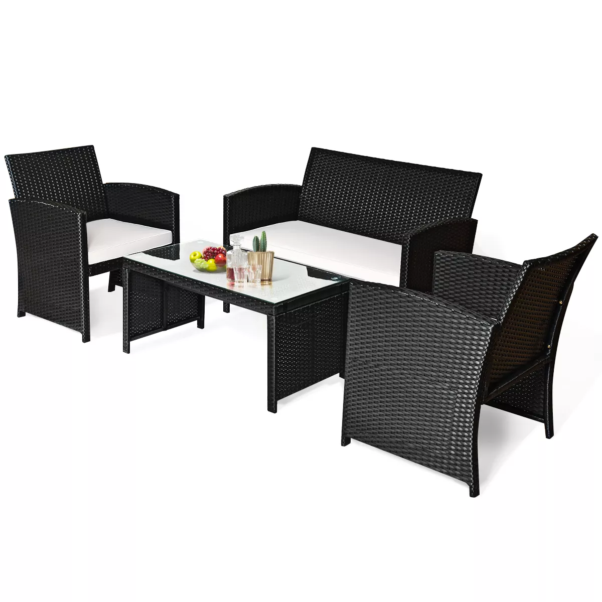 Costway 4PCS Patio Rattan Furniture Set Table &Sofa W/Cushion Garden Black