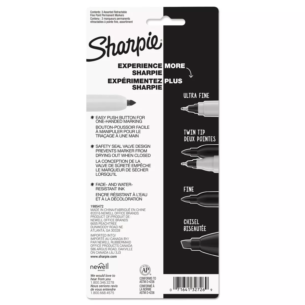 Sharpie Retractable Permanent Markers Fine Point Assorted 3/Set 32726PP