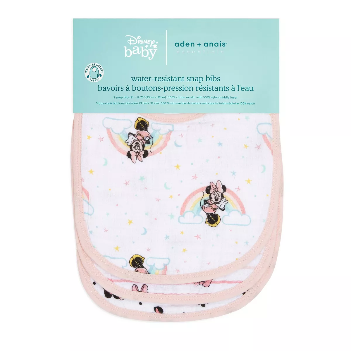 aden by aden + anais essentials 3pk Water Resistant Bib - Minnie Rainbows