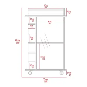 TUHOME Dukat Bar Storage Display Cabinet Cart with Wheels for Wine and Liquor with Glass Door, 2 Shelves, and 6 Cubbies, Smoky Oak