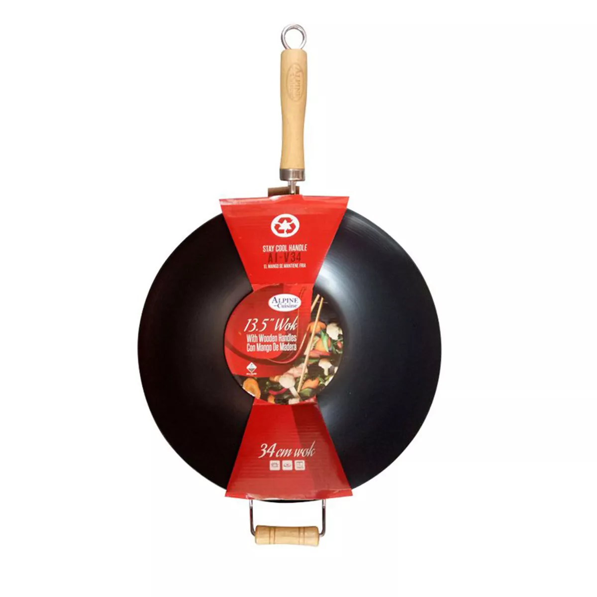 Alpine Cuisine AI-V34 13.5 Inch Carbon Steel Cooking Wok with Wood Handle, Black