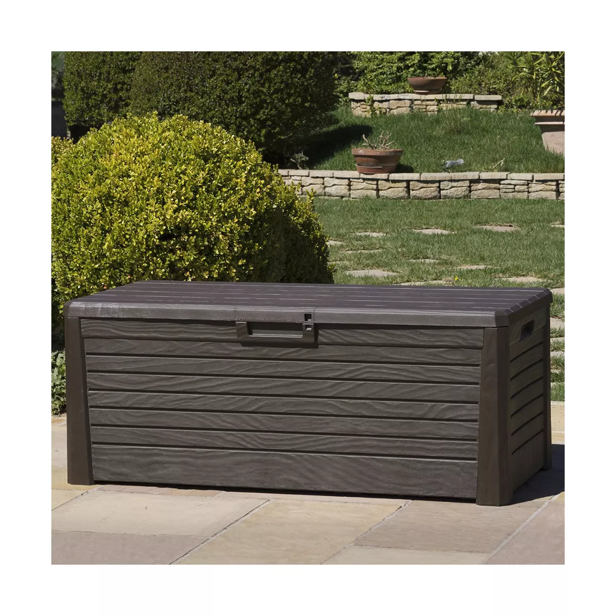 Toomax Florida UV Resistant Lockable Deck Storage Box Bench for Outdoor Pool Patio Garden Furniture or Indoor Toy Bin Container, 145 Gallon (Brown)