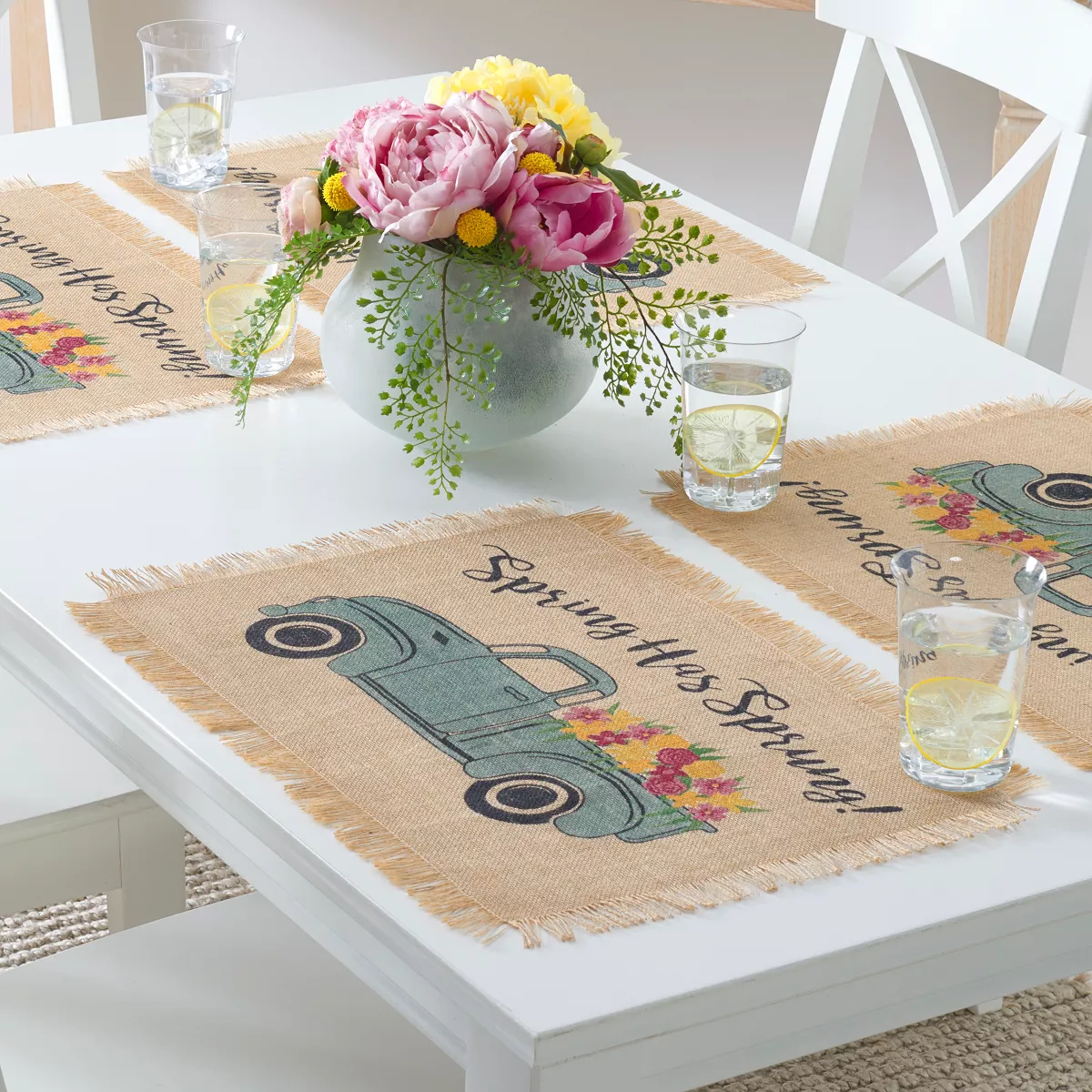 Farmhouse Living Spring Has Sprung Vintage Farm Truck Burlap Placemat - Set of 4 - 13