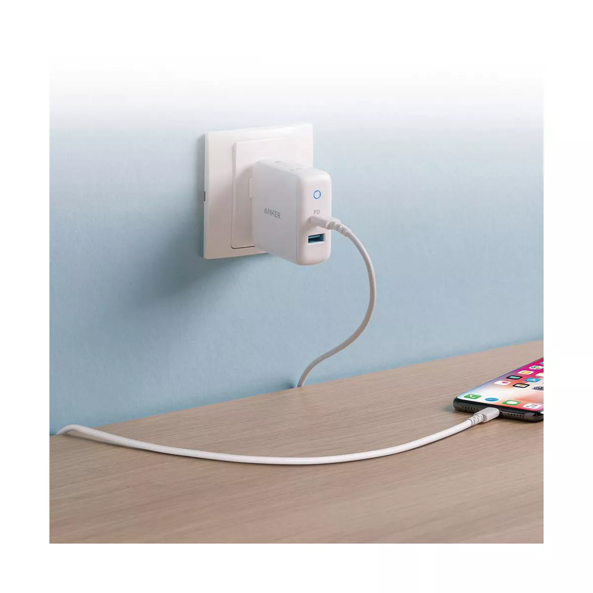 Anker 2-Port PowerPort 25.5W Power Delivery Wall Charger (with 3' PowerLine Select Lightning to USB-C Cable) - White