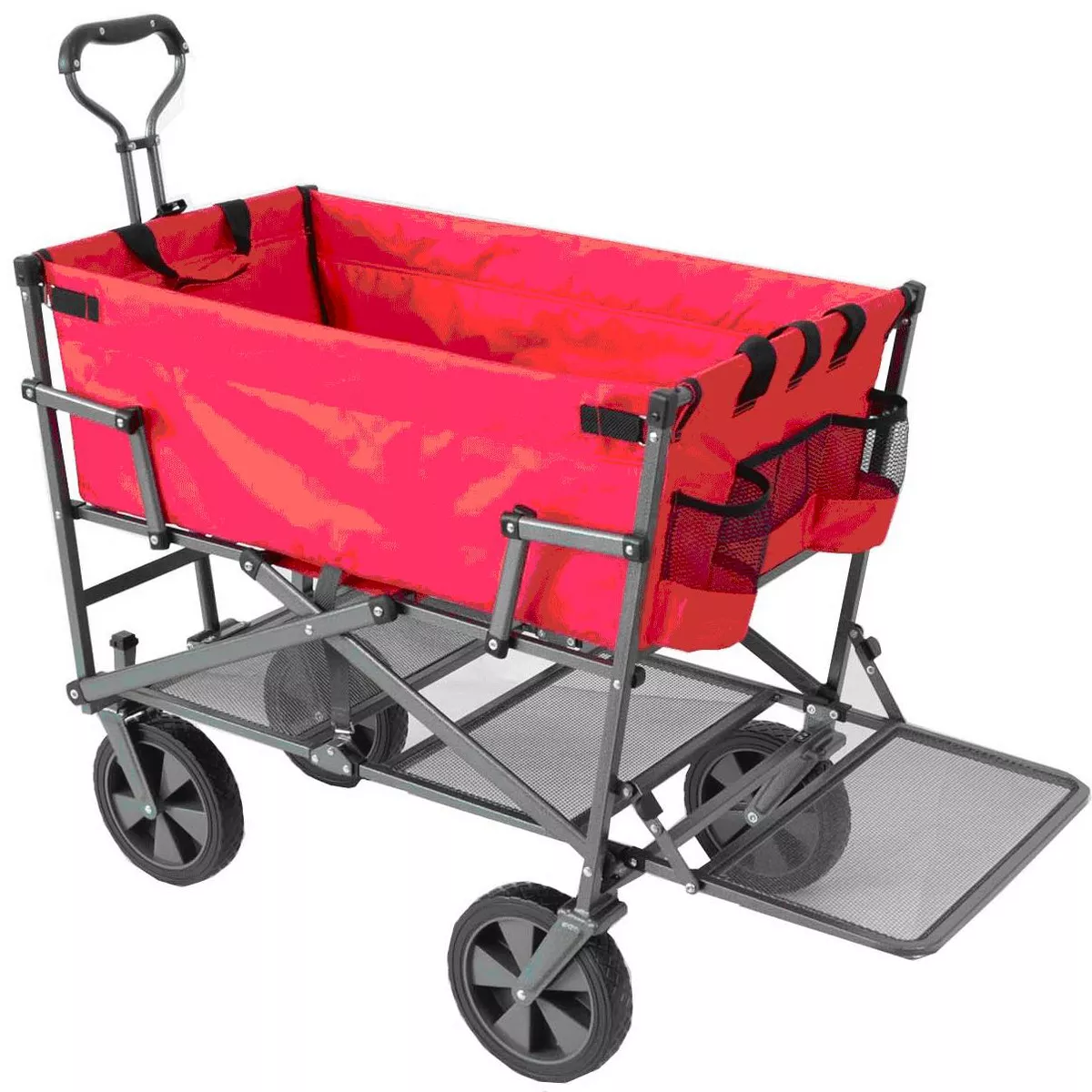 Mac Sports Double Decker Heavy Duty Steel Frame Collapsible Outdoor 150 Pound Capacity Yard Cart Utility Garden Wagon with Lower Storage Shelf, Red