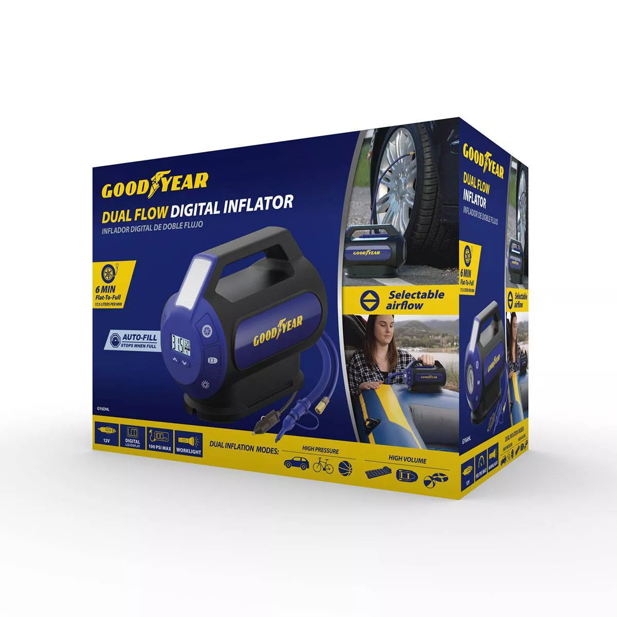 Goodyear Dual Flow 6min Flat to Full Tire Inflator and Air Compressor with Digital Display
