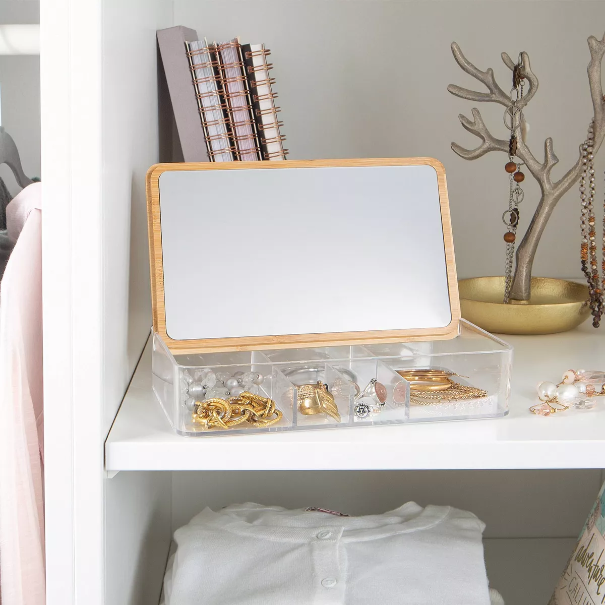 Simplify 5 Compartment Large Organizer with Bamboo Lid and Mirror Clear