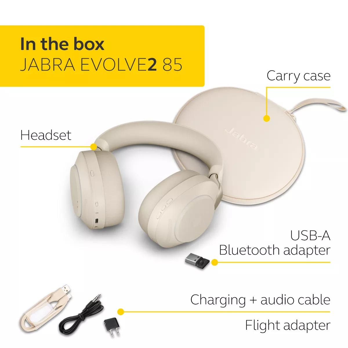 Jabra Evolve2 85 - USB-A UC Stereo - Beige Wireless Headset / Music Headphones