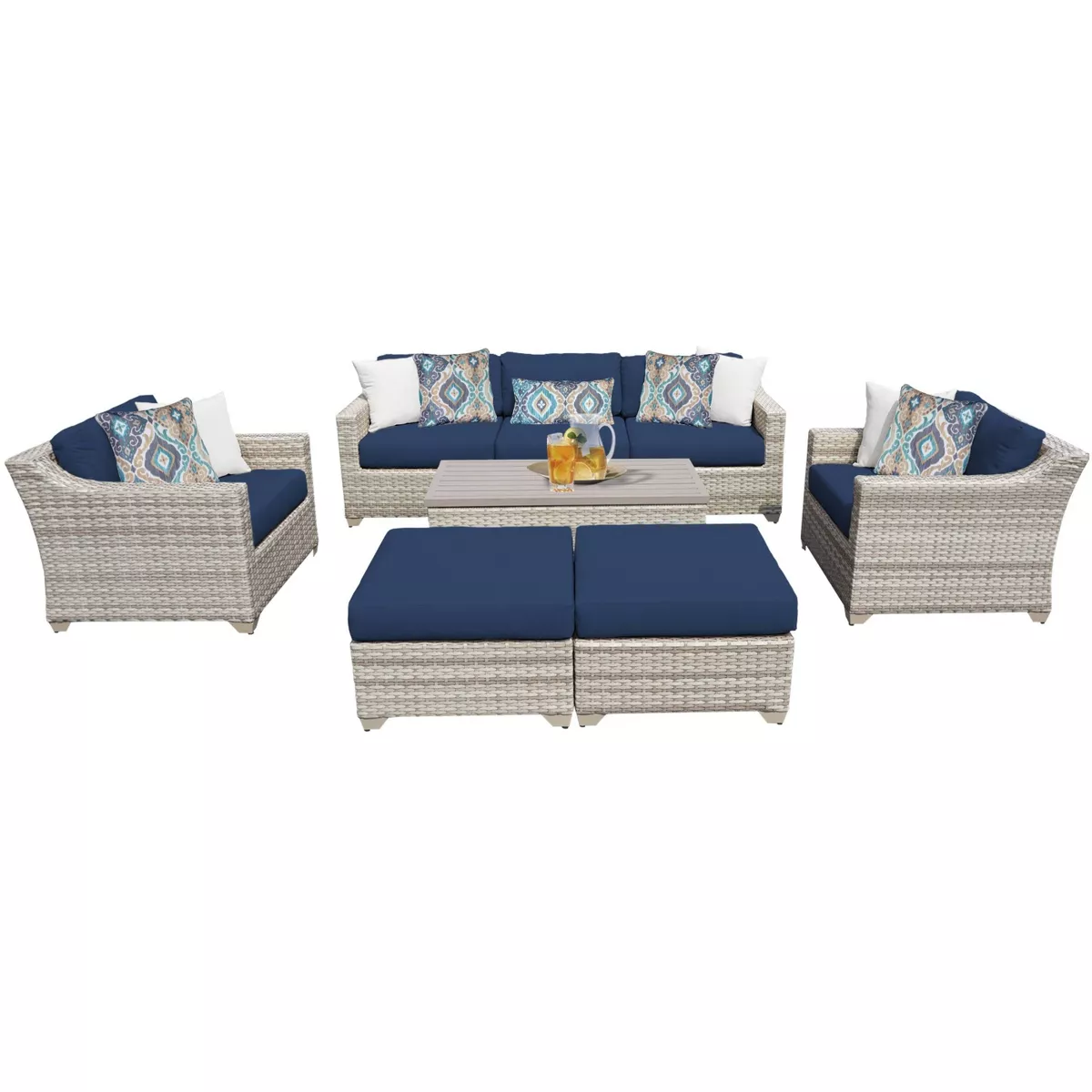 Fairmont 8pc Patio Sectional Seating Set with Club Chairs & Cushions - Navy - TK Classics