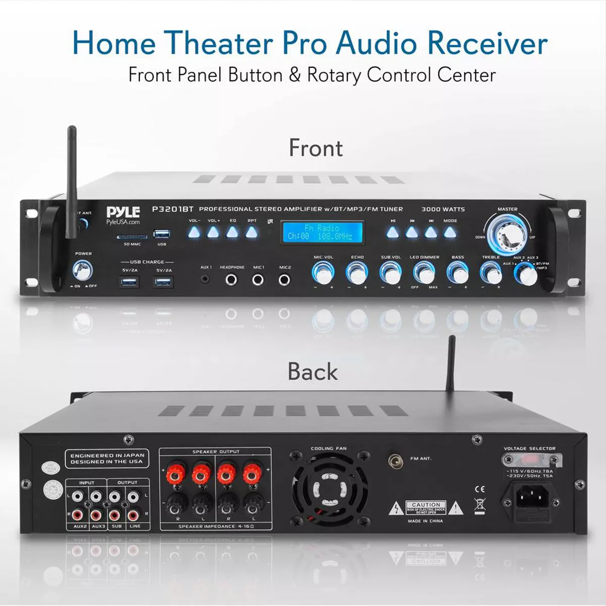 Pyle P3201BT 3000 Watt Pro Home Audio Multi Channel Bluetooth Hybrid Amplifier Receiver Pre-Amplifier with MP3/USB/SD/AUX Readers and FM Radio, Black