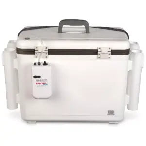 Engel 30 Quart Insulated Live Bait Fishing Dry Box 48 Can Hard Airtight Cooler with Water Speed Aerator Pump, Removable Pull Net and 4 Rod Holders