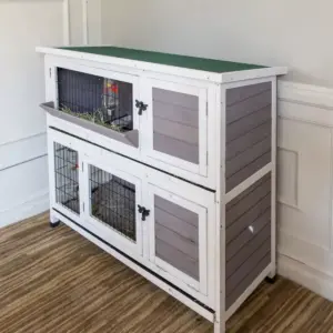 Indoor Outdoor Wooden Pet Bunny Hutch House Cage for Rabbits and Guinea Pigs and Other Small Animals with Ramp and Anti Slip Ladder, White