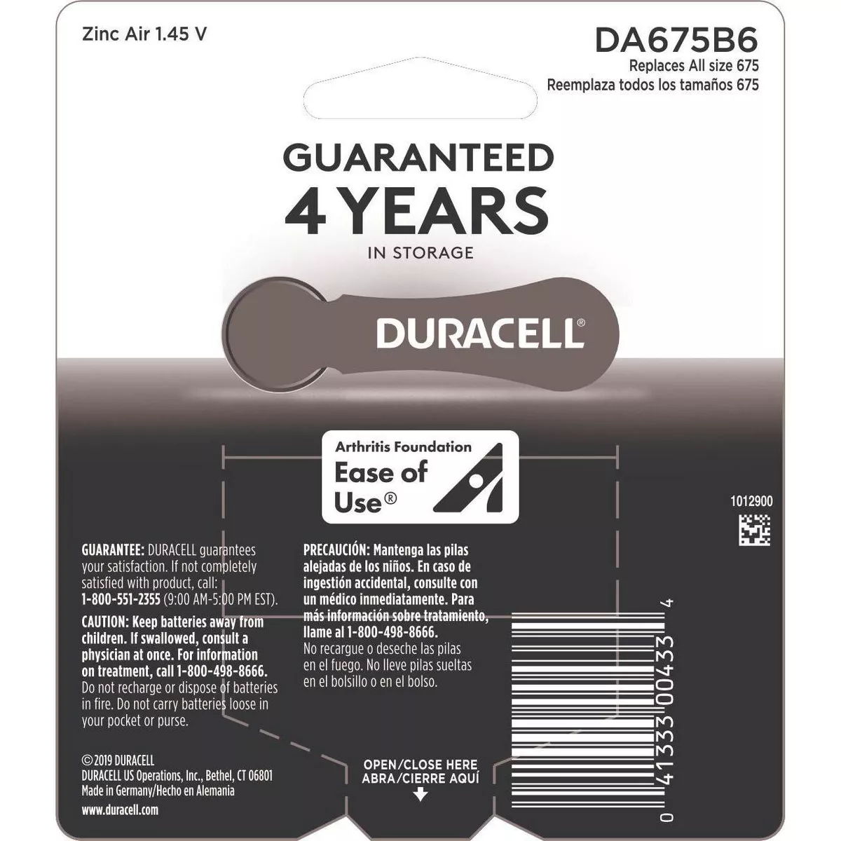 Duracell Size 675 Hearing Aid Batteries - 6 Pack - Easy-Fit Tab