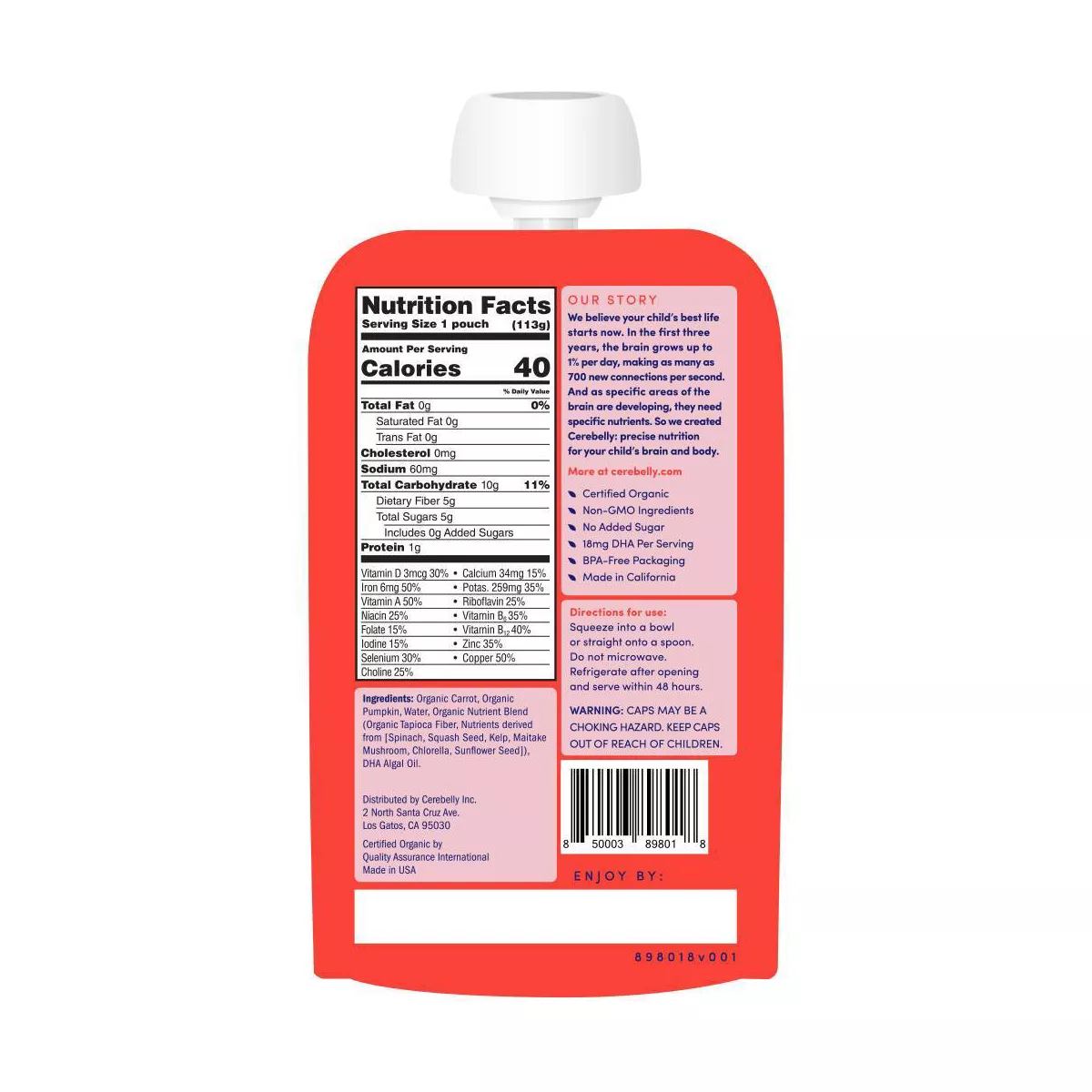 Cerebelly Clean Label Project Purity Award Winning, Carrot Pumpkin Organic Baby Food Pouch - 4oz