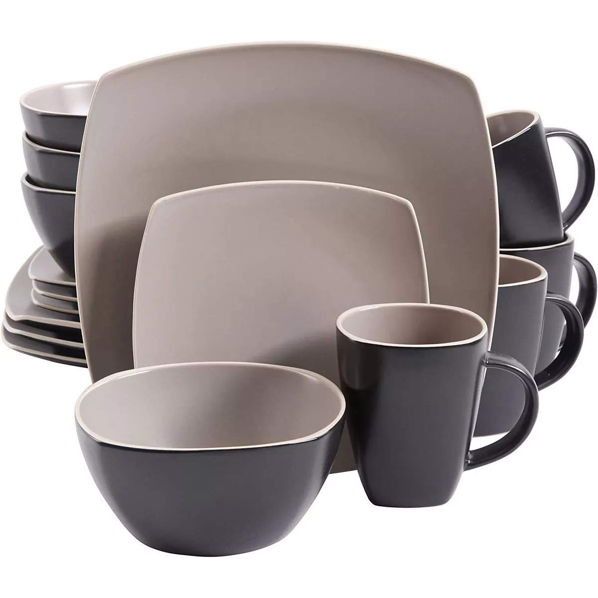 Gibson 102264.16RM Elite 16 Piece Durable Square Matte Dinnerware Set with Plates, Bowls, and Mugs, Microwave and Dishwasher Ready