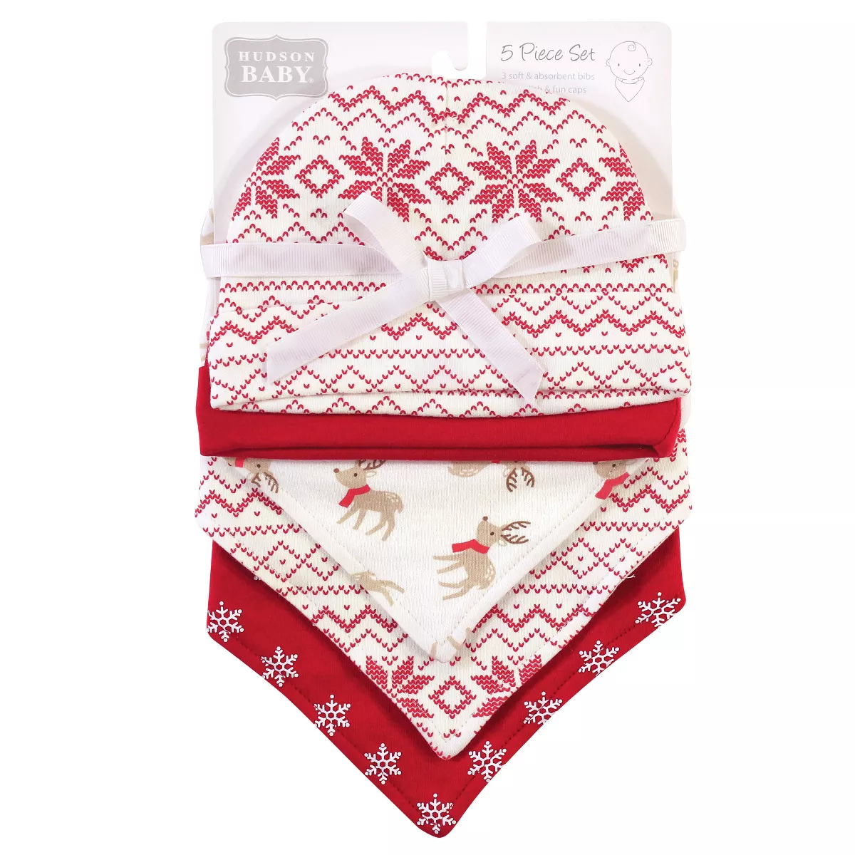 Hudson Baby Infant Boy Cotton Bib and Caps Set 5pk, Reindeer, One Size