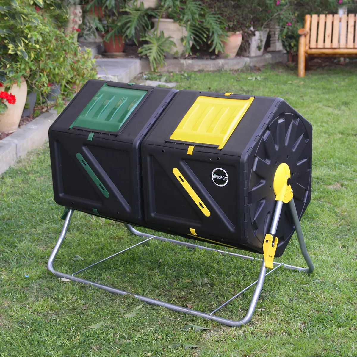 Miracle-Gro DFDC210 Dual 105 Liter 28 Gallon Bin Spinning Tumbling Aeration Garden Waste Soil Composter with 3 Piece Hand Tool Kit, Black