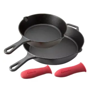 Cuisinel C12608-10 8 Inch and 10 Inch Pre Seasoned Cast Iron Skillet Frying Pan Cookware Set for Indoor and Outdoor Cooking with Handle Covers