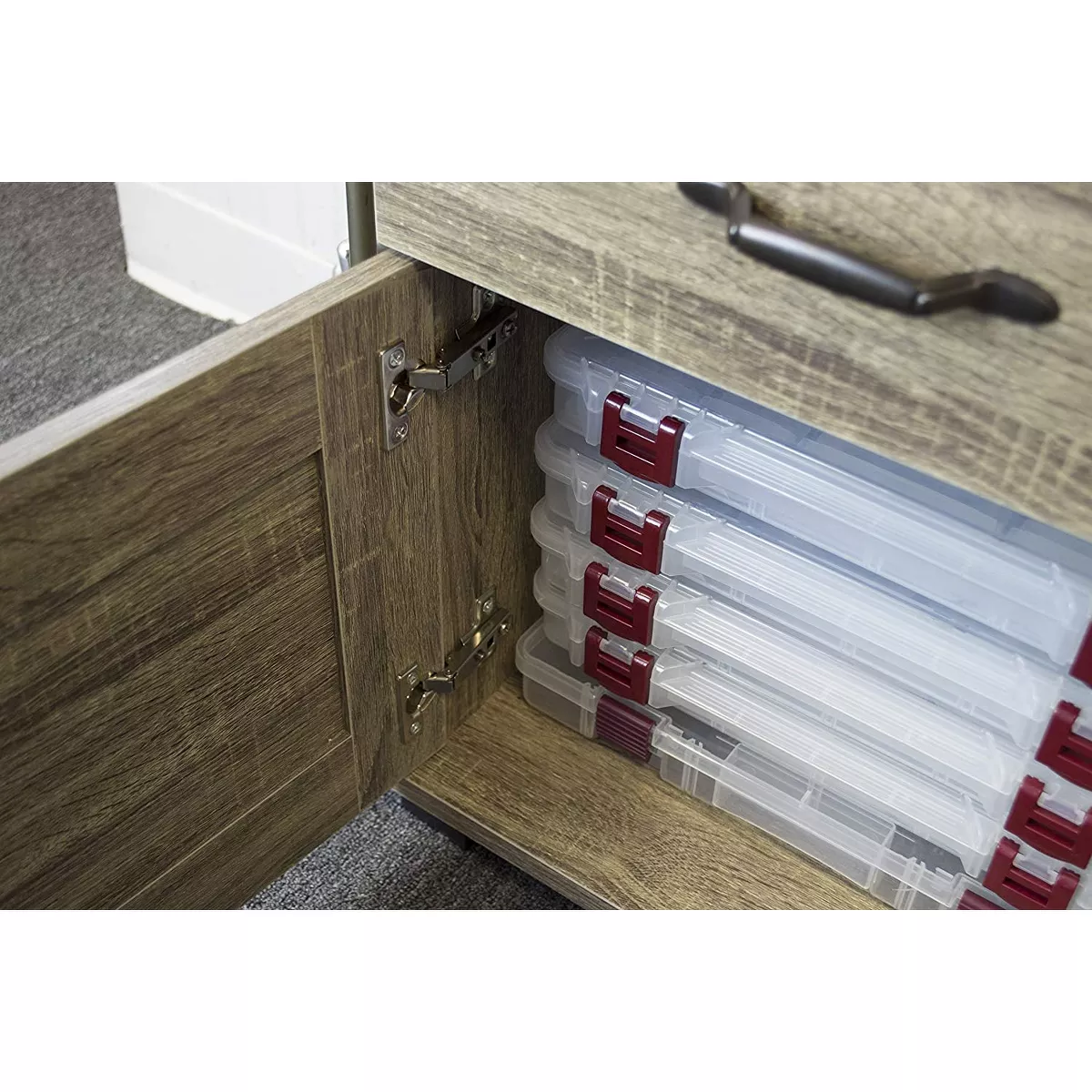 OS Home 703 2 Drawer 1 Shelf Fishing Storage and Organization Cabinet Holds 12 Fishing Rods and Accessories, Barn Wood Laminate