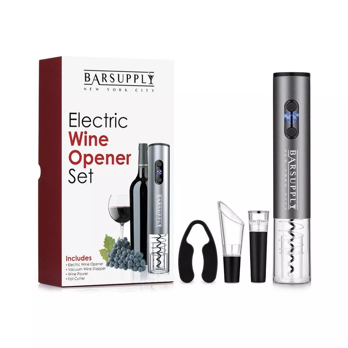 Electric Wine Bottle Opener 4 Piece Set Automatic Corkscrew Wine Opener, Includes Foil Cutter, Wine Pourer, Vacuum Pump Stopper, Battery Operated, Stainless Steel, Gift Box Set