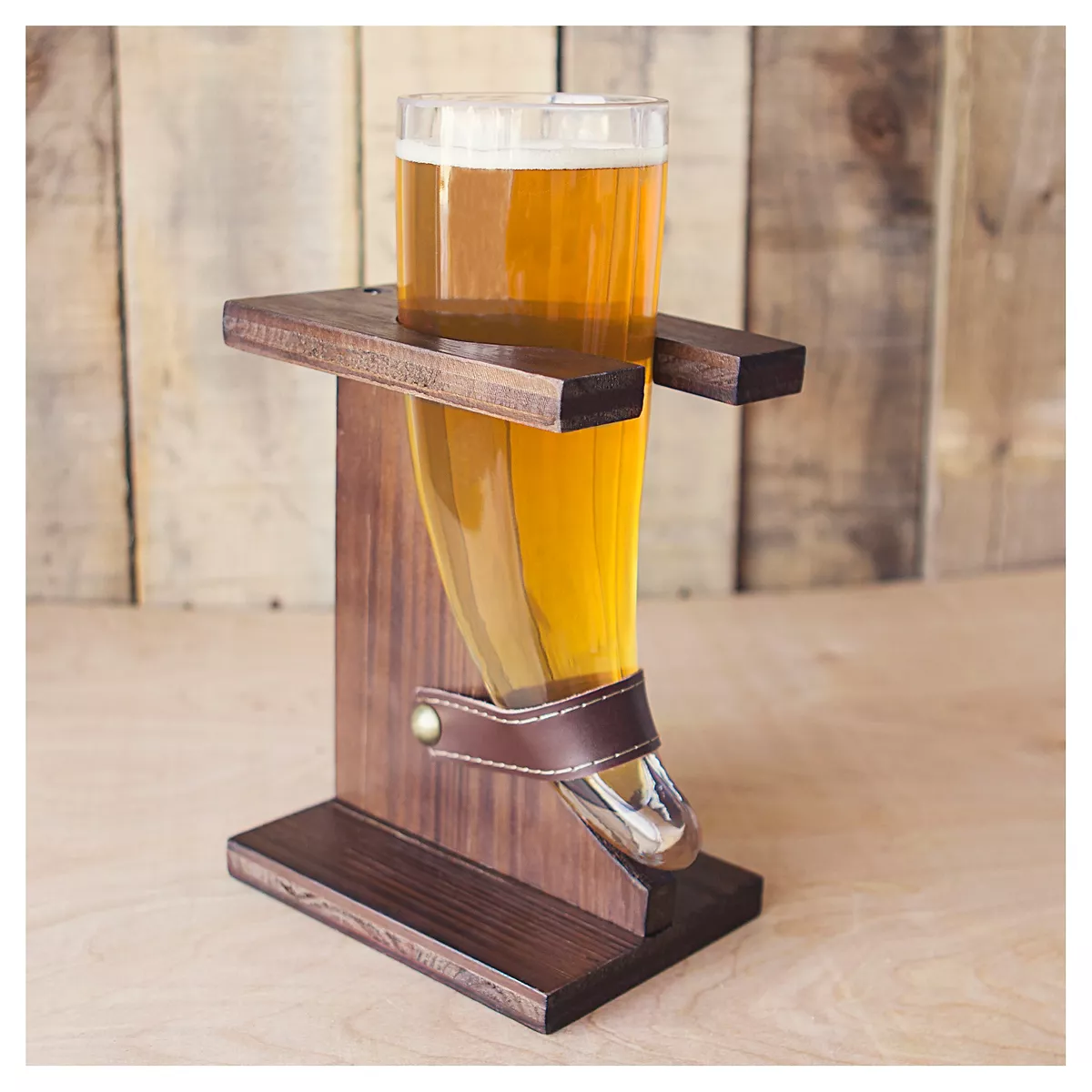 Cathy's Concepts 16 oz. Glass Viking Beer Horn with Rustic Stand