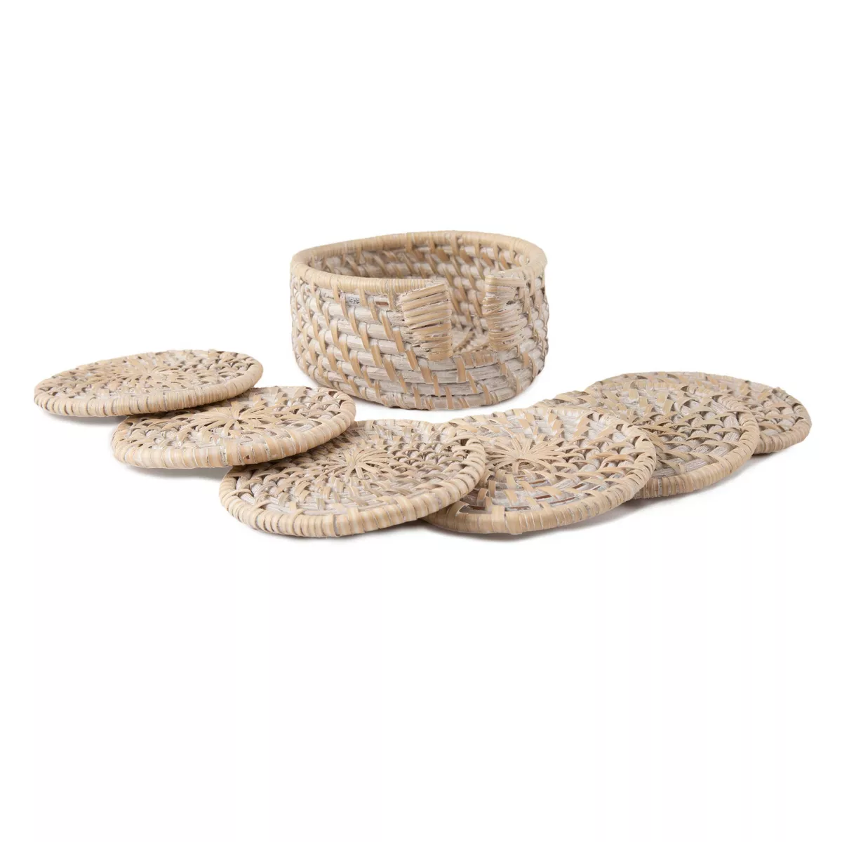 4pk Rattan Whitewash Coaster Set with Holder - Thirstystone