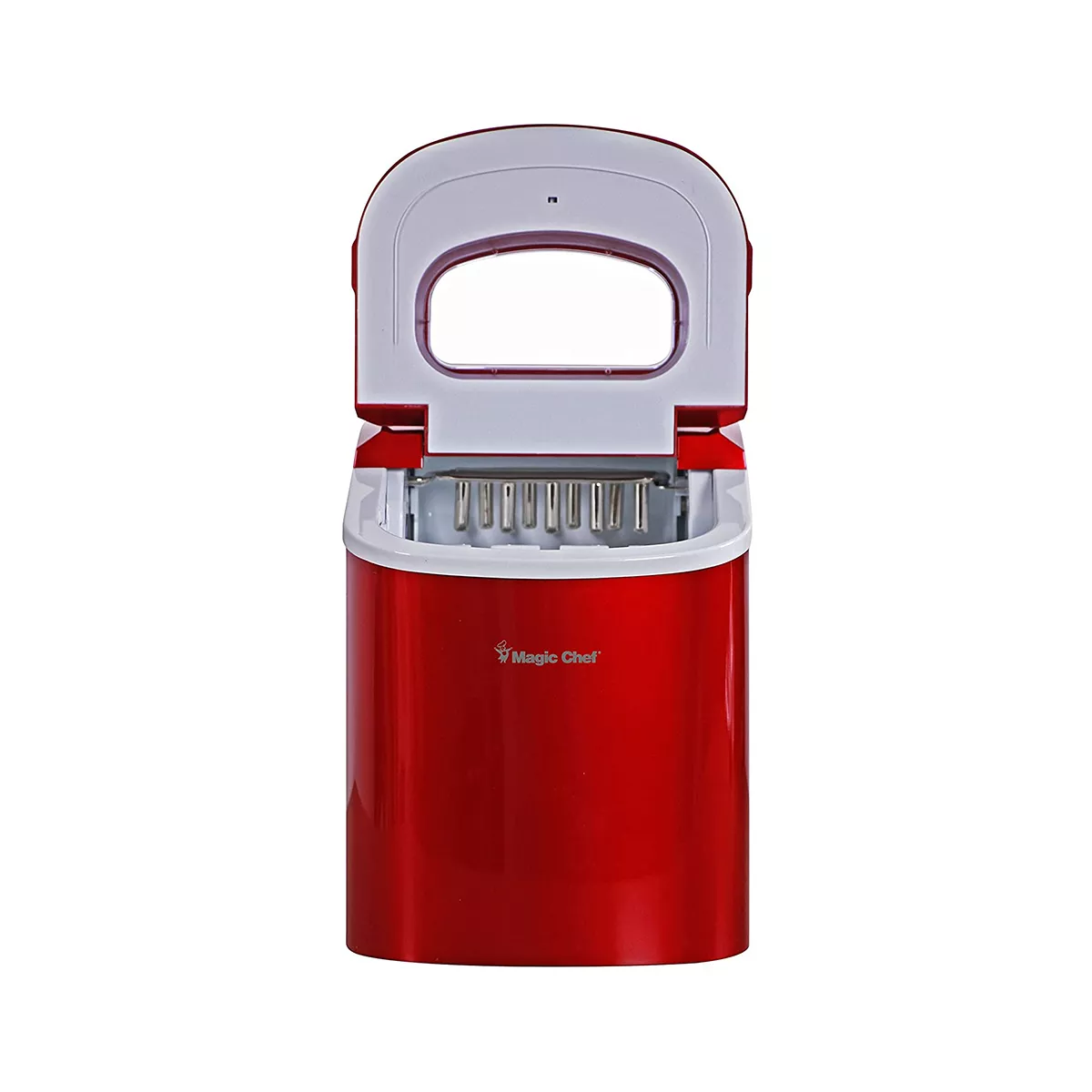 Magic Chef MCIM22R Portable Countertop Ice Cube Maker Machine with Scooper Making 27 Pounds per Day for Home Table Top Counters, Red (Stainless Steel)