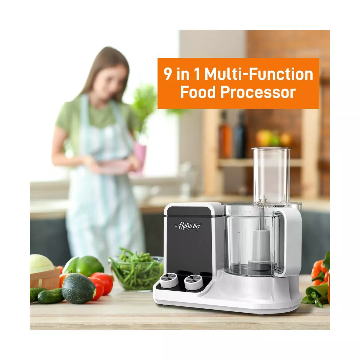 NutriChef NCFP8 Multipurpose 12 Cup Multi Function Kitchen Countertop Food Processor with 6 Attachment Accessory Blades, White