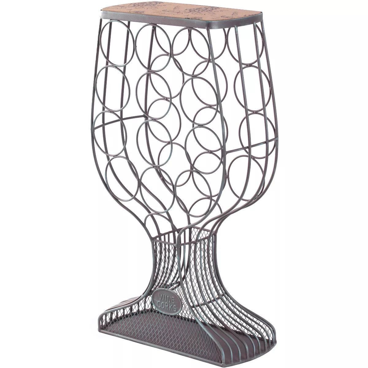 Vintiquewise Vintage Decorative Wooden Metal Goblet Shaped Freestanding Wine Rack with Cork Holder