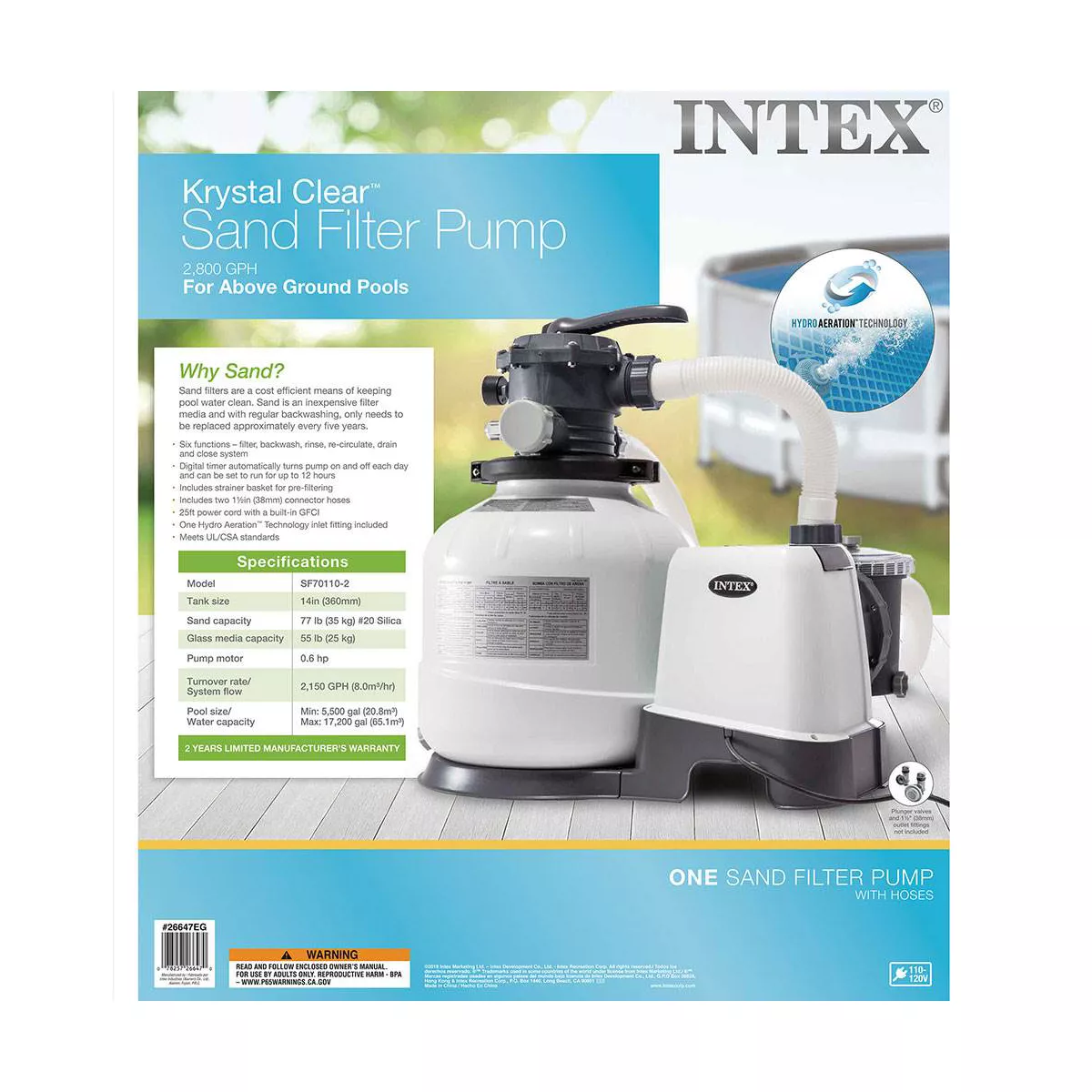 Intex 26647EG Krystal Clear 14-Inch 2800 GPH Above Ground Pool Sand Filter Pump with Automatic Timer, 110-120V with GFCI, and 6-Function Control