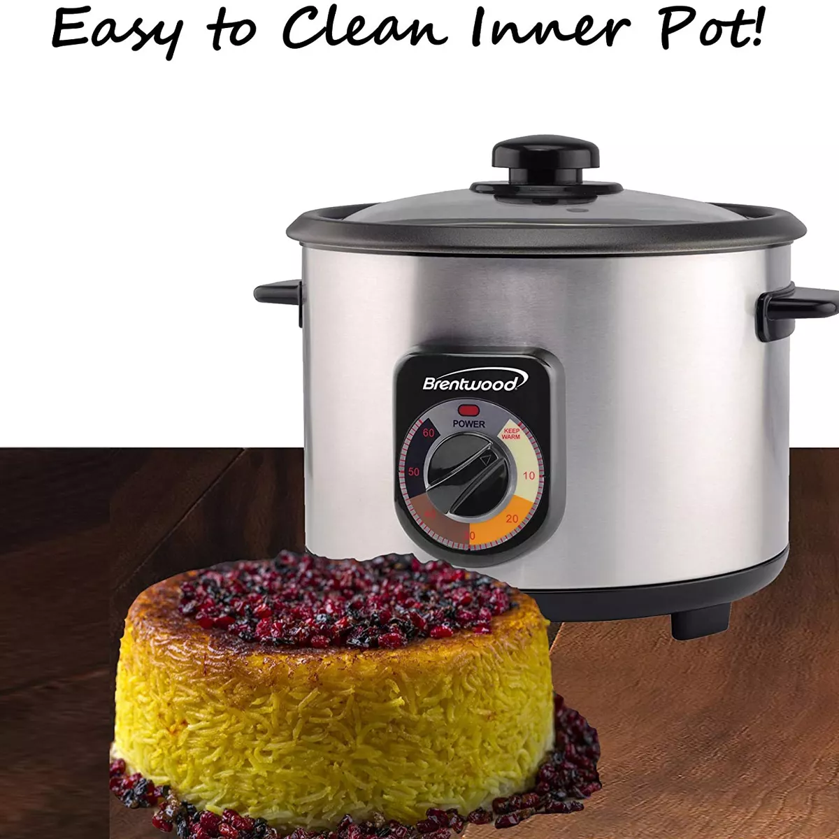 Brentwood TS-1020S 700 Watt 20 Cup Persian Style Crunchy Tahdig Scorched Rice Cooker with 60 Minute Timer, Silver