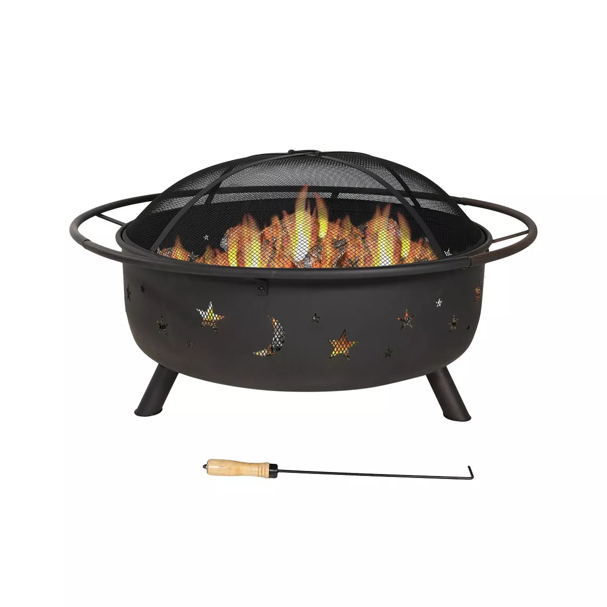 Sunnydaze Outdoor Camping or Backyard Steel Round Cosmic Fire Pit with Spark Screen, Log Poker, and Wood Grate - 42