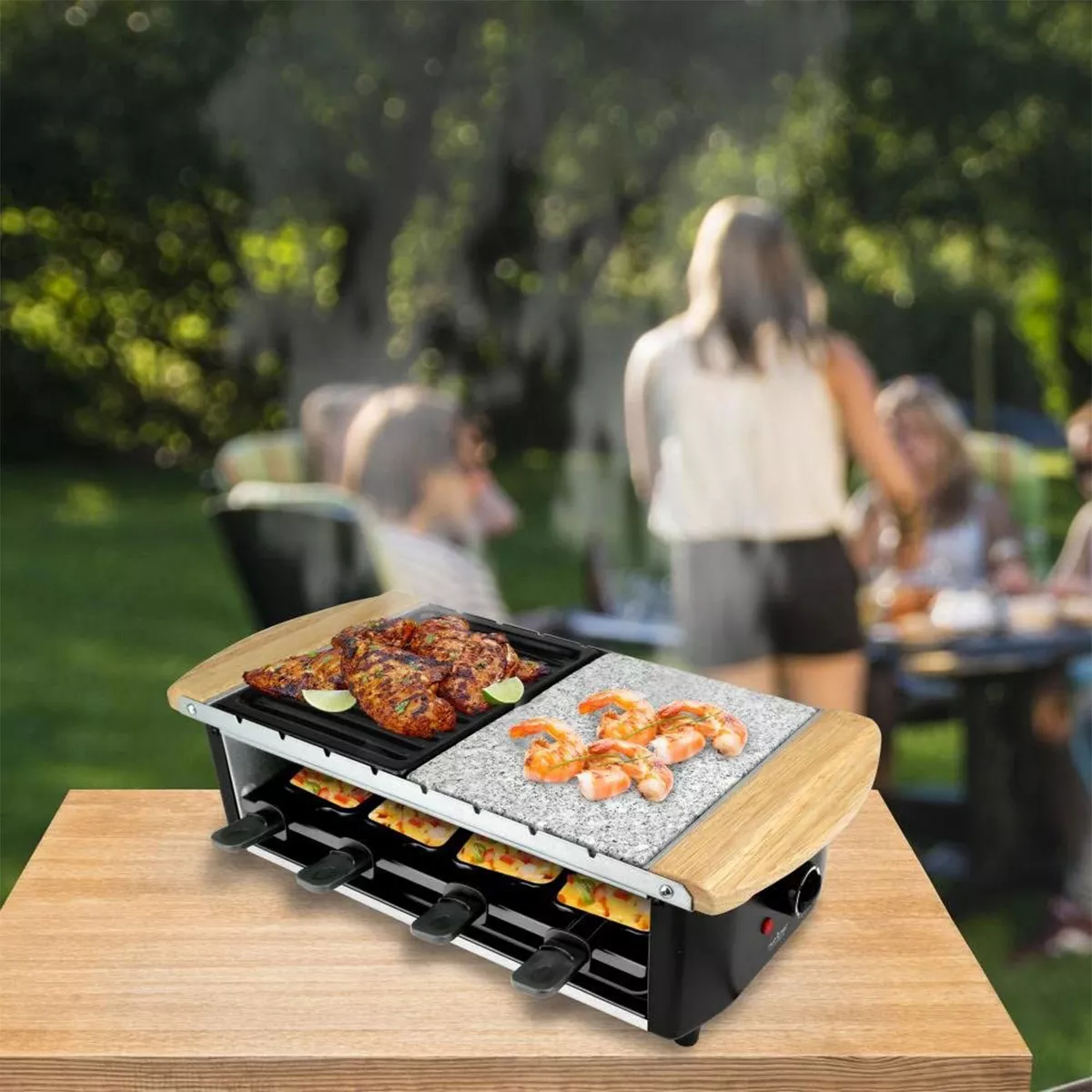 NutriChef Raclette 1200W 2 Tier Electric Swiss Style Party Cooktop Stone Plate and Metal Grill Countertop for Home or Profession Kitchens, Black