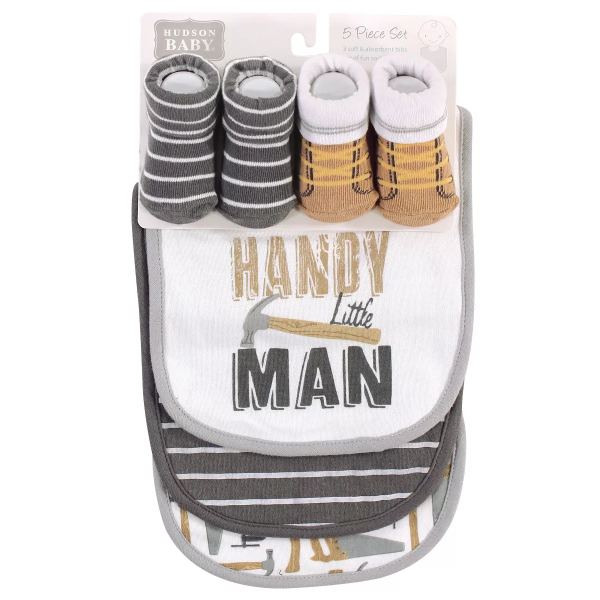 Hudson Baby Infant Boy Cotton Bib and Sock Set 5pk, Handy Man, One Size