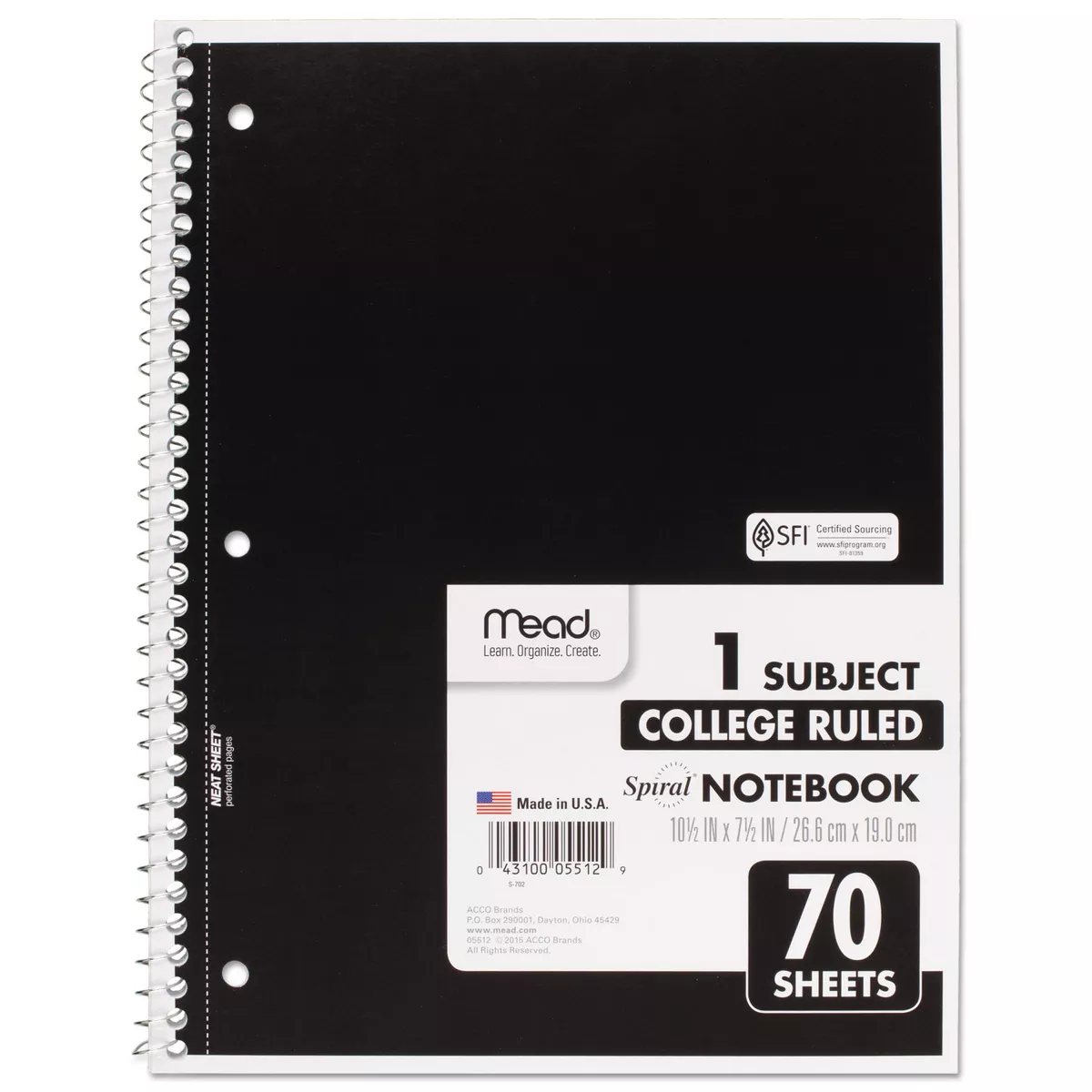 Mead Spiral Bound Notebook Perforated College Rule 10 1/2 x 8 White 70 Sheets 05512