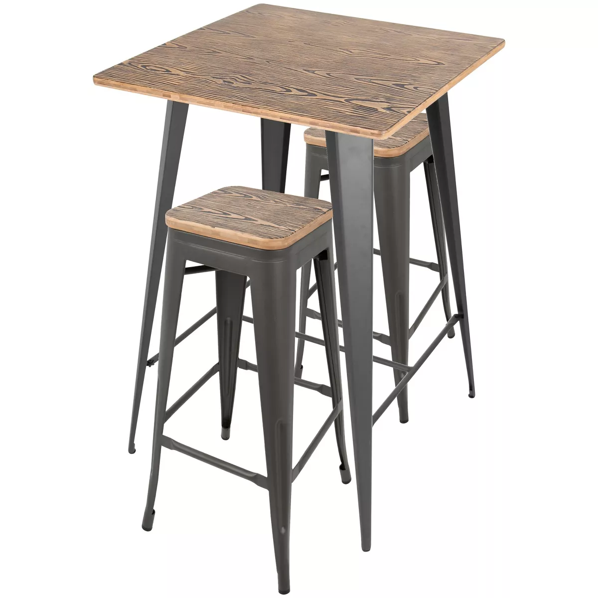 3pc Oregon Industrial Pub Set Matte Gray Metal Dining Sets Medium Brown Wood Top - LumiSource