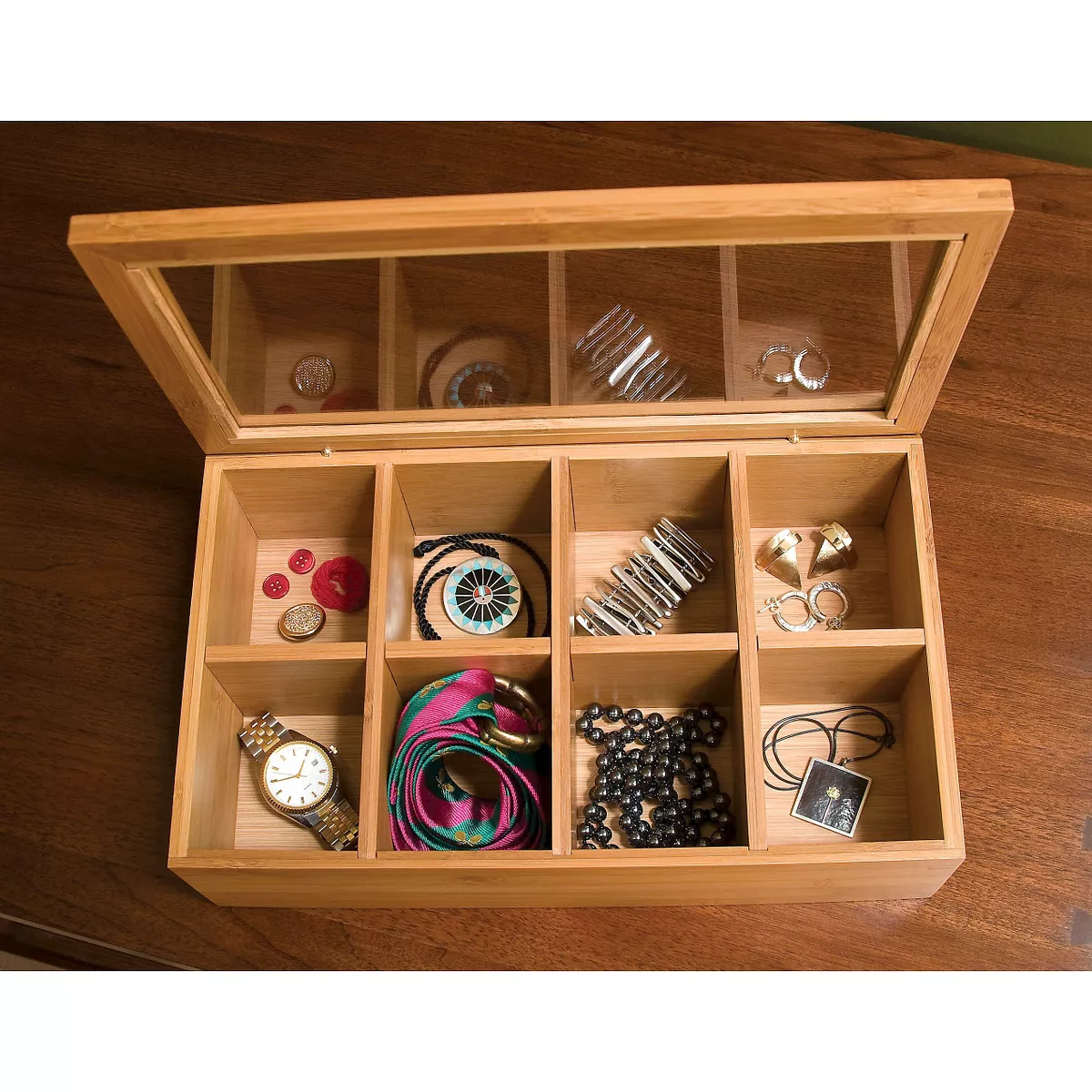 Lipper International Bamboo 8-Compartment Tea Box with Acrylic and Bamboo Lid