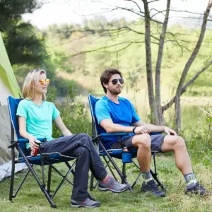 Timber Ridge Indoor Outdoor Portable Lightweight Folding Camping High Back Lounge Chair w/ Cup Holder and Carry Bag for Hiking, Beach, and Patio, Blue