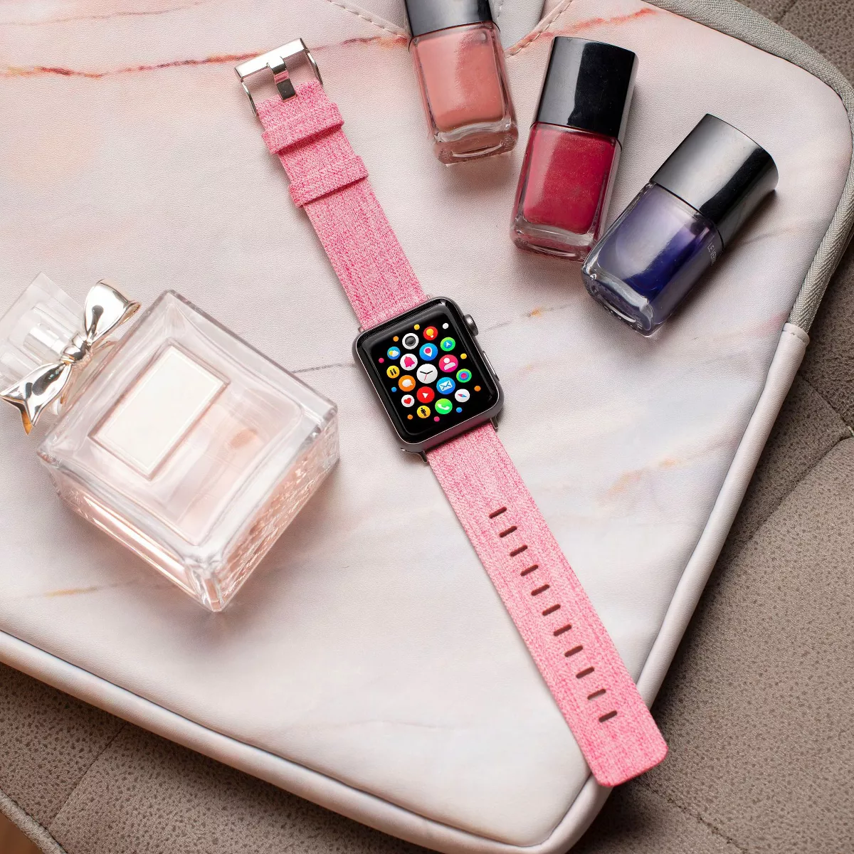 Insten Canvas Woven Fabric Band for Apple Watch 42mm 44mm All Series SE 6 5 4 3 2 1, For Women Girls Replacement Strap, Rose Red