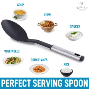 Zulay Kitchen Nylon Serving Spoon - Cooking Spoon with 410°F Heat Resistant Handle - Large Kitchen Serving Spoon For Soups, Stews, and Sauces - Non-Scratch and Nonstick Black Nylon Kitchen Spoon