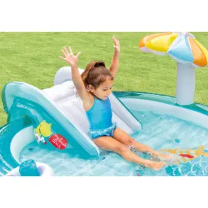 Intex 57165EP Gator 6.6ft x 5.6ft x 4in Outdoor Inflatable Kiddie Pool Water Play Center with Slide, for Toddlers Ages 2 and Up