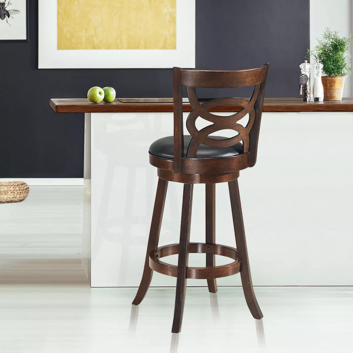 Costway Swivel Stool 29'' Bar Height Upholstered Seat Rubber Wood Dining Chair Home Kitchen Espresso