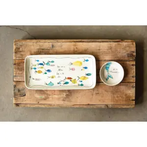 Stoneware Plate & Small Round Dish with Fish Print White/Blue/Yellow 2pc - 3R Studios