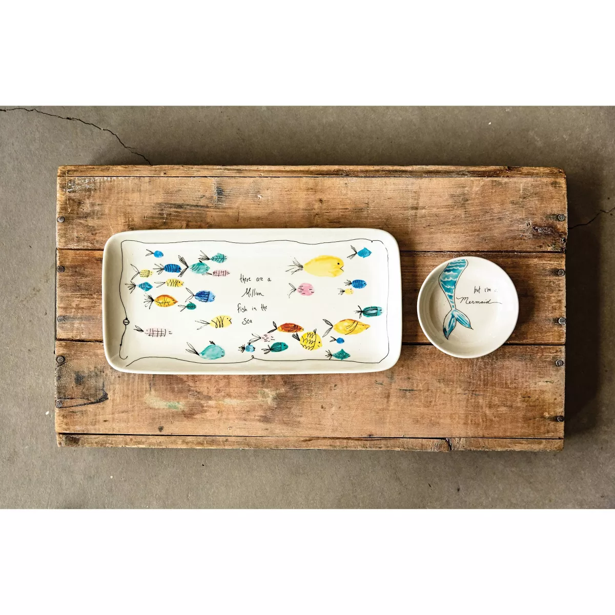 Stoneware Plate & Small Round Dish with Fish Print White/Blue/Yellow 2pc - 3R Studios