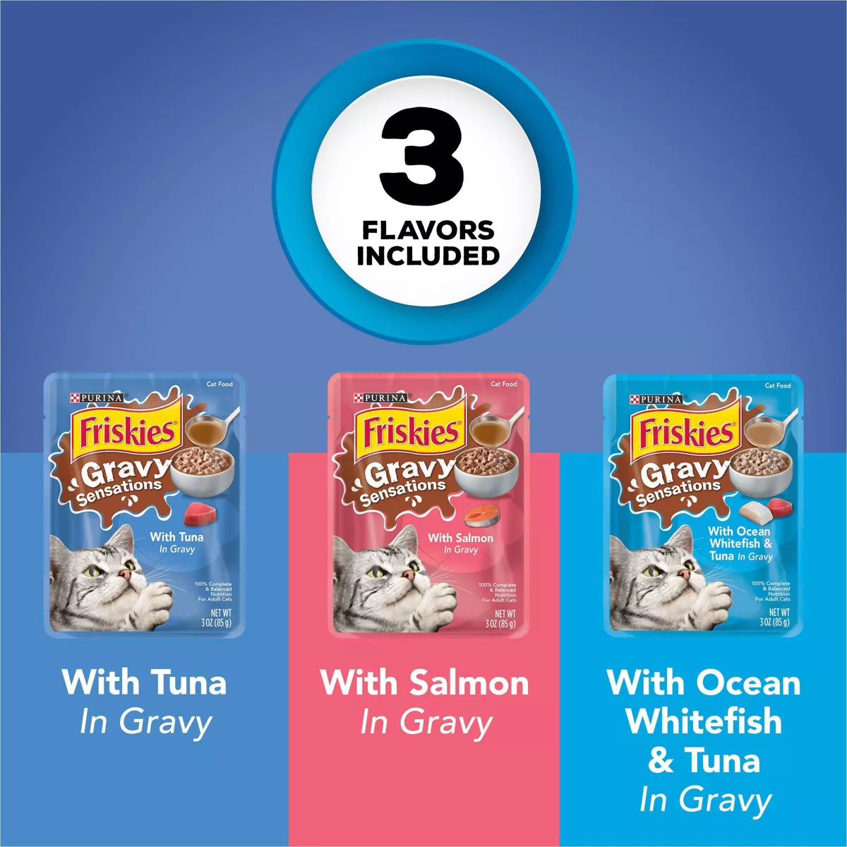 Purina Friskies Gravy Sensations Wet Cat Food Seafood Pouches with Tuna, Salmon & Whitefish - 3oz/12ct Variety Pack